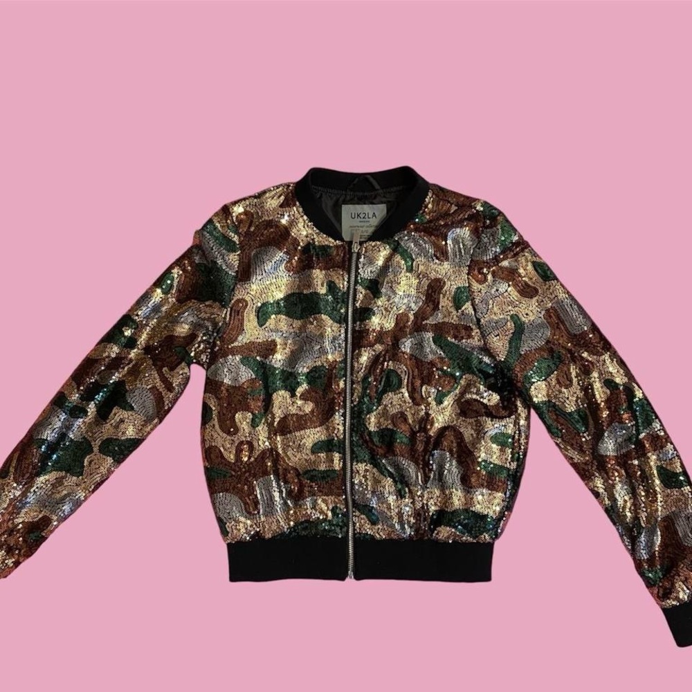 cute camo gold, green, brown and silver zip up sequin jacket